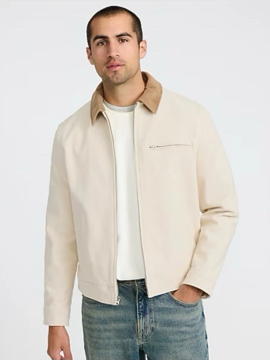 Men's Cream Canvas Jacket With Contrast Corduroy Collar Work Wear Xl Express